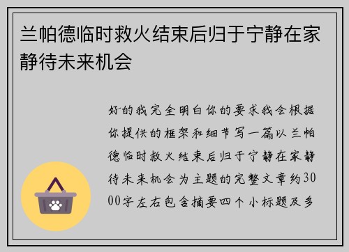 兰帕德临时救火结束后归于宁静在家静待未来机会
